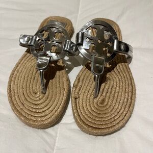 Tory Burch Silver Logo Espadrille Slide